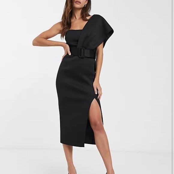 ASOS DESIGN one shoulder belted scuba midi dress in black - Picture 3 of 3